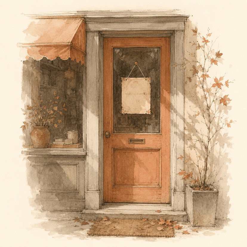 A small shop door with a faded paper sign and withered leaves on the doormat