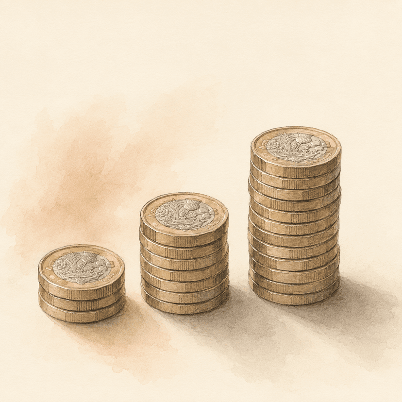 Three small piles of coins of different heights on a cream background