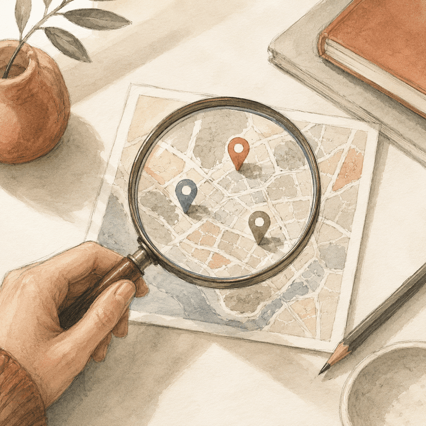 A magnifying glass held over a small printed map with pin markers