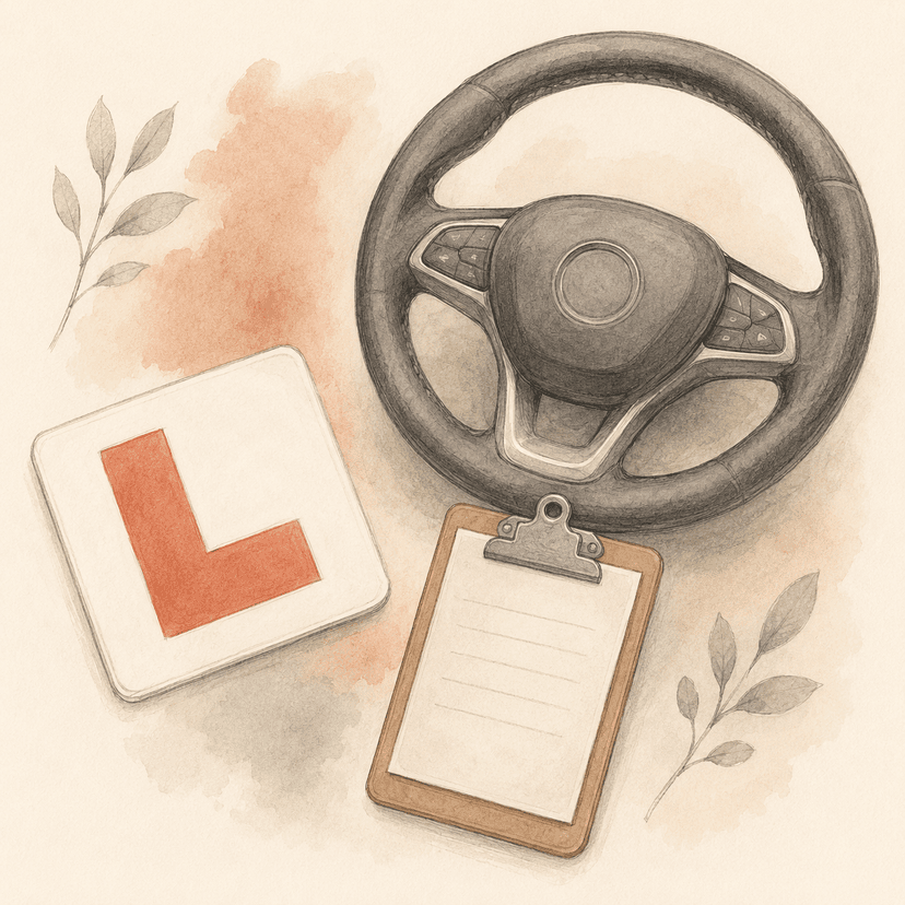 A learner driver L-plate, a clipboard and a steering wheel arranged on a cream surface